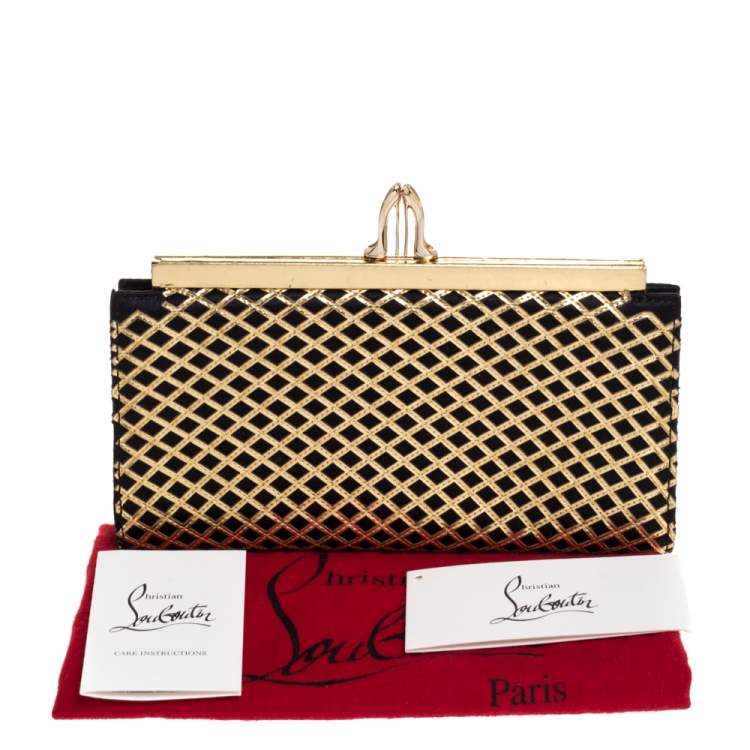 Pre Owned Christian Louboutin Gold/Black Patent Leather and Satin Pave Clutch