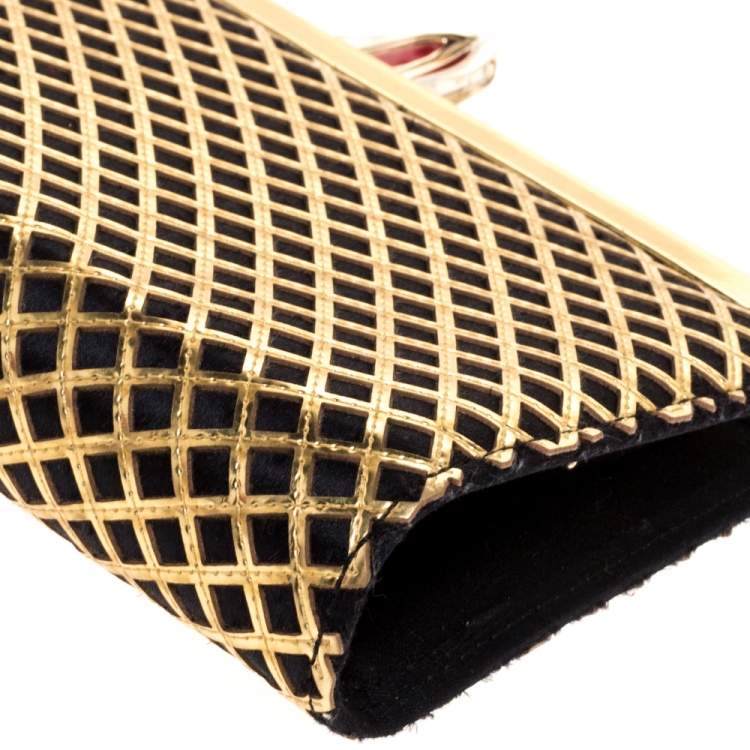 Pre Owned Christian Louboutin Gold/Black Patent Leather and Satin Pave Clutch