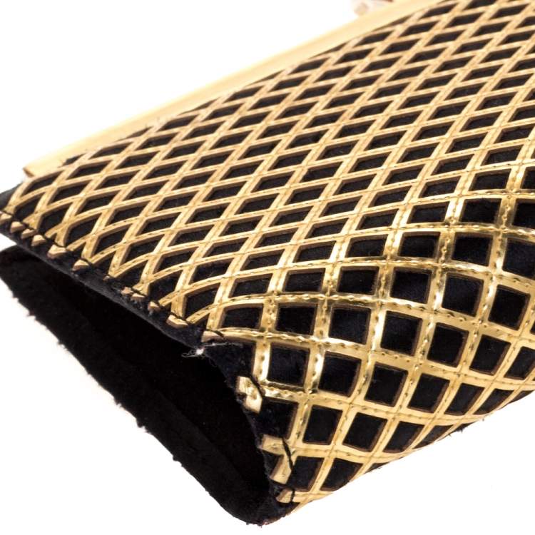 Pre Owned Christian Louboutin Gold/Black Patent Leather and Satin Pave Clutch