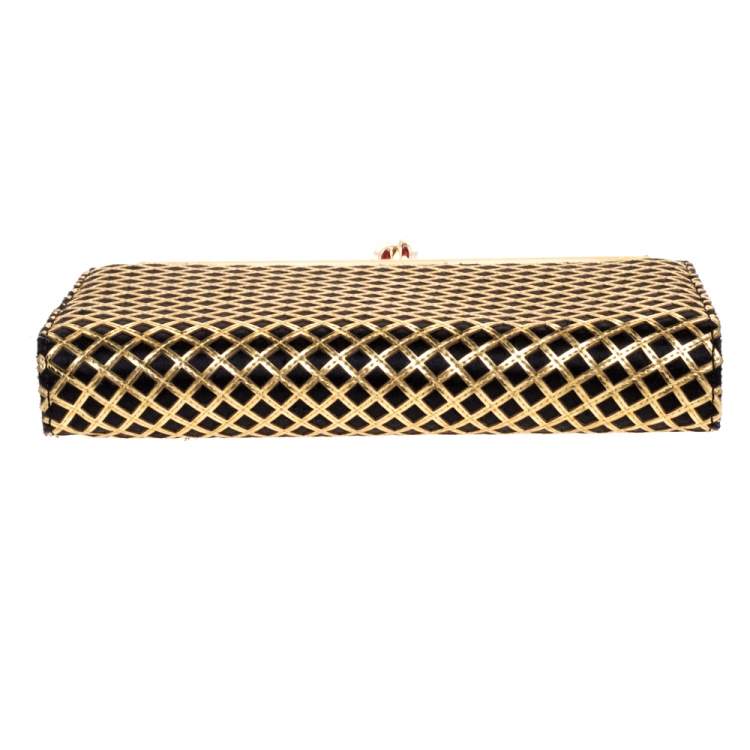 Pre Owned Christian Louboutin Gold/Black Patent Leather and Satin Pave Clutch