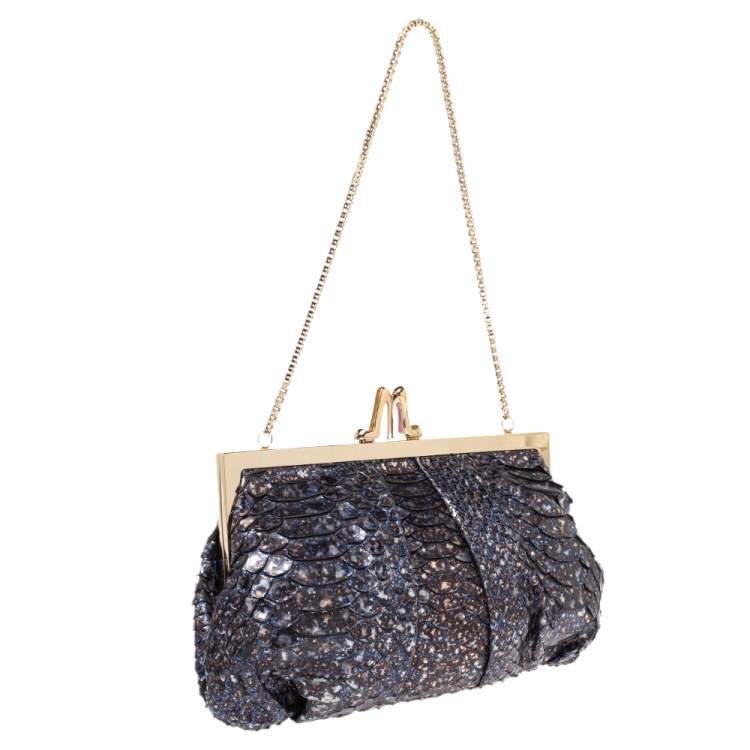 Pre Owned Christian Louboutin Blue Python Loubi Lula Chain Clutch