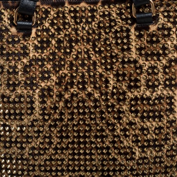 Pre Owned Christian Louboutin Black/Brown Leopard Print Calfhair and Leather Spike Panettone Tote