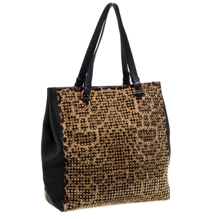 Pre Owned Christian Louboutin Black/Brown Leopard Print Calfhair and Leather Spike Panettone Tote