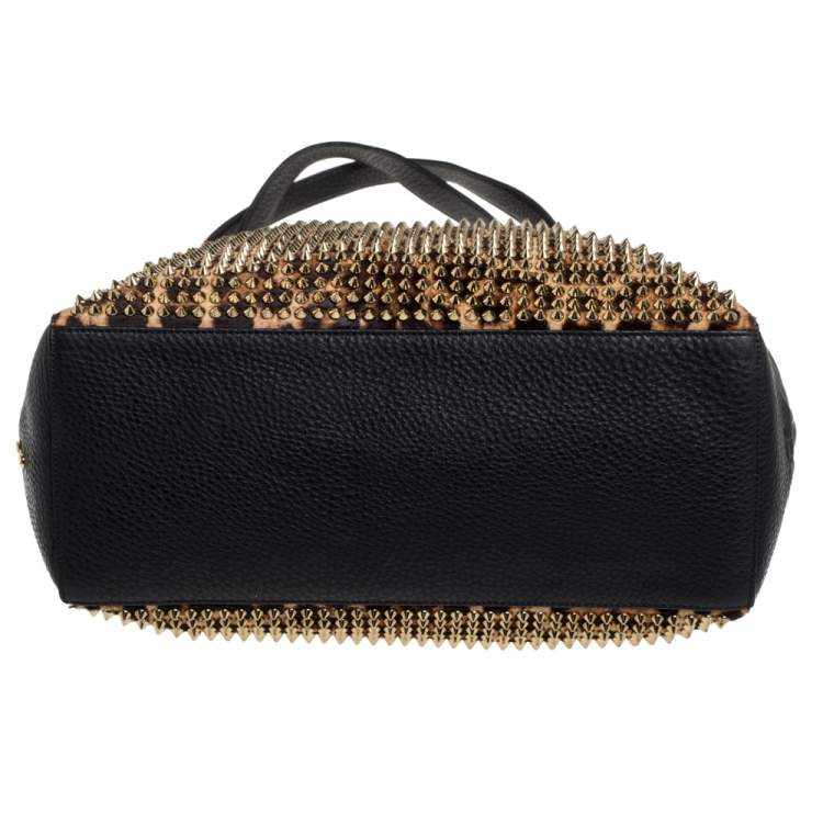 Pre Owned Christian Louboutin Black/Brown Leopard Print Calfhair and Leather Spike Panettone Tote