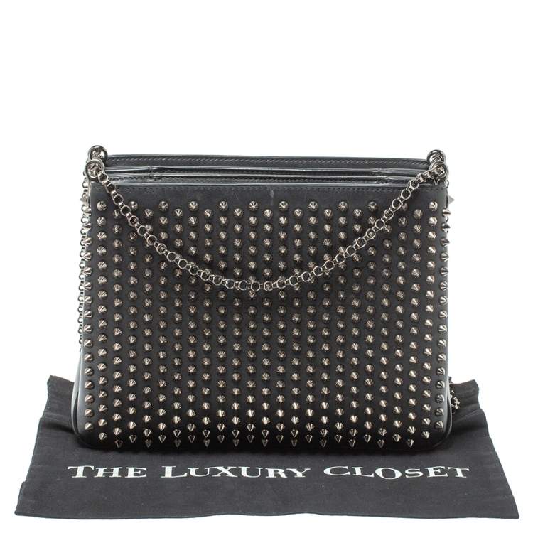 Pre Owned Christian Louboutin Black Leather Large Triloubi Spiked Shoulder Bag