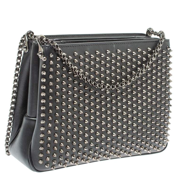 Pre Owned Christian Louboutin Black Leather Large Triloubi Spiked Shoulder Bag