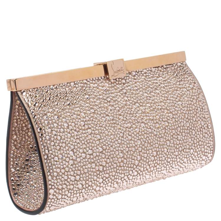 مملوكة مسبقًا Christian Louboutin Metallic Rose Gold Leather Crystal Embellished Palmette Clutch 