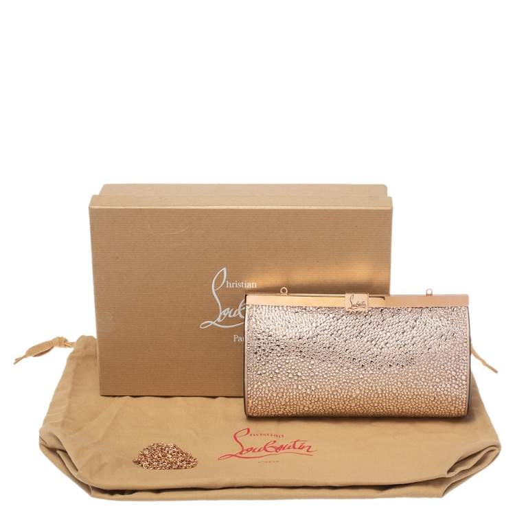مملوكة مسبقًا Christian Louboutin Metallic Rose Gold Leather Crystal Embellished Palmette Clutch 