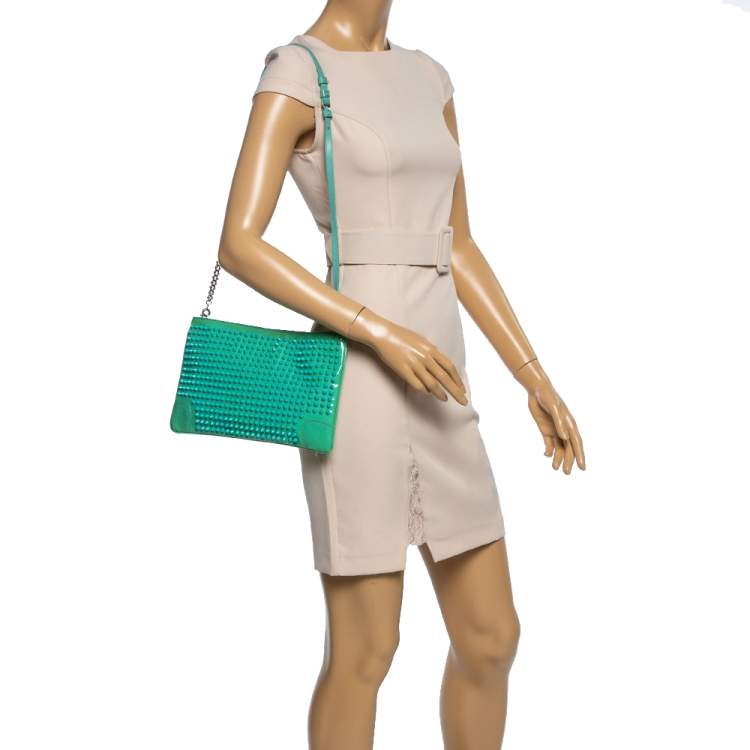 Pre Owned Christian Louboutin Mint Green Patent Leather Spiked Loubiposh Clutch Bag