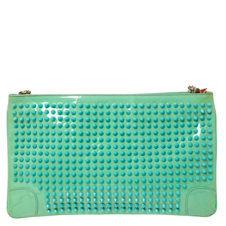 Pre Owned Christian Louboutin Mint Green Patent Leather Spiked Loubiposh Clutch Bag