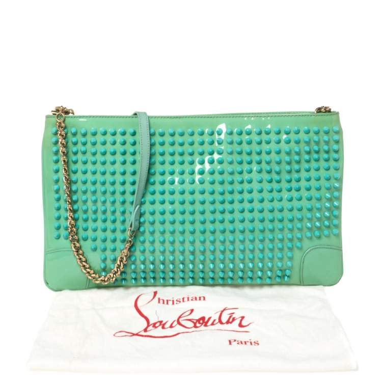 Pre Owned Christian Louboutin Mint Green Patent Leather Spiked Loubiposh Clutch Bag
