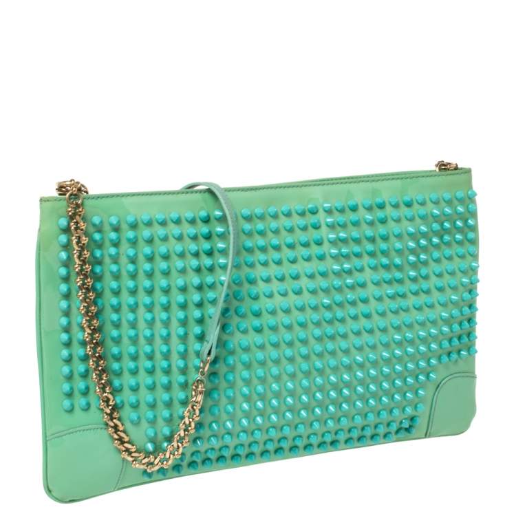 Pre Owned Christian Louboutin Mint Green Patent Leather Spiked Loubiposh Clutch Bag