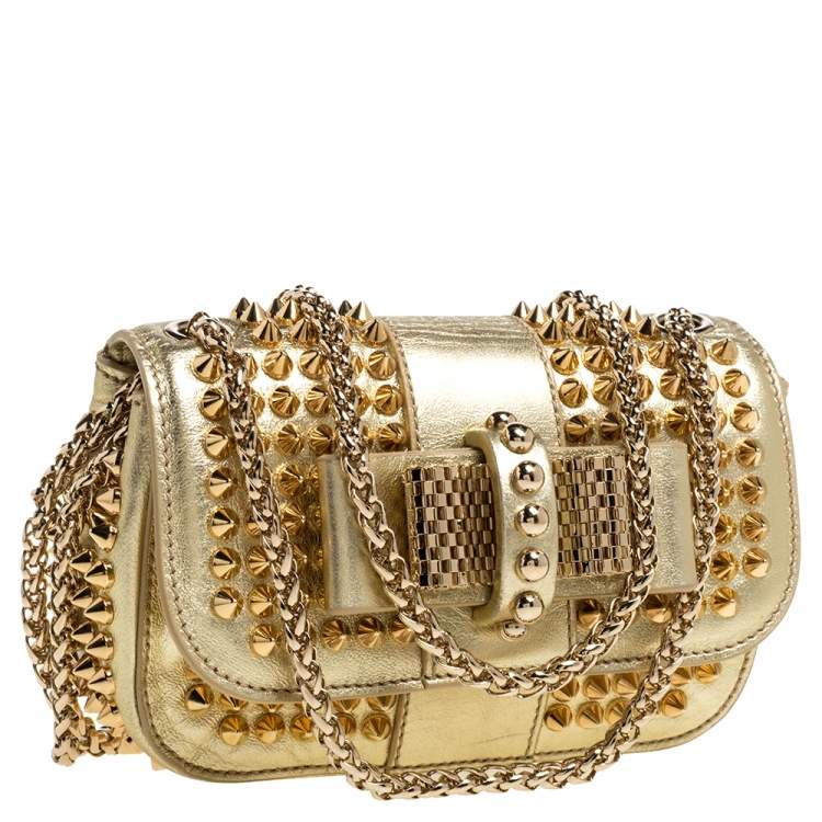 Pre Owned Christian Louboutin Gold Leather Mini Spiked Sweet Charity Crossbody Bag