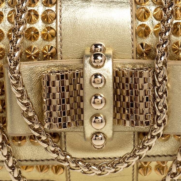 Pre Owned Christian Louboutin Gold Leather Mini Spiked Sweet Charity Crossbody Bag