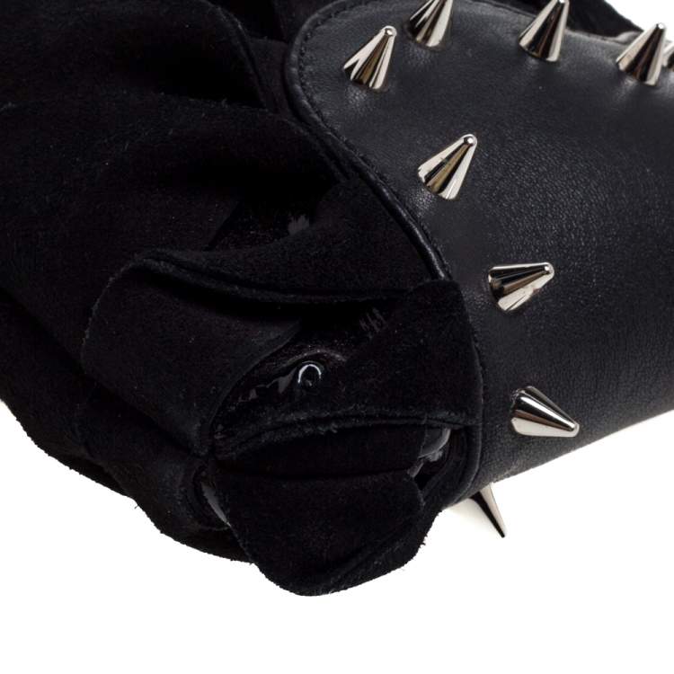Pre Owned Christian Louboutin Black Suede and Leather Spiked Wristlet Clutch