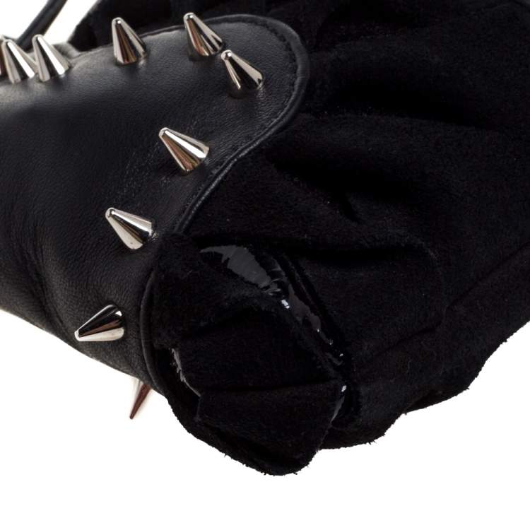 Pre Owned Christian Louboutin Black Suede and Leather Spiked Wristlet Clutch