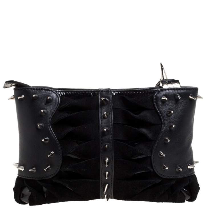 Pre Owned Christian Louboutin Black Suede and Leather Spiked Wristlet Clutch
