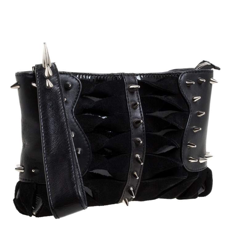Pre Owned Christian Louboutin Black Suede and Leather Spiked Wristlet Clutch