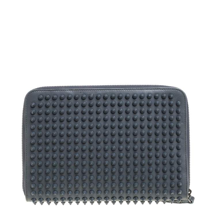 Pre Owned Christian Louboutin Grey Leather Spike Zip Wristlet Clutch