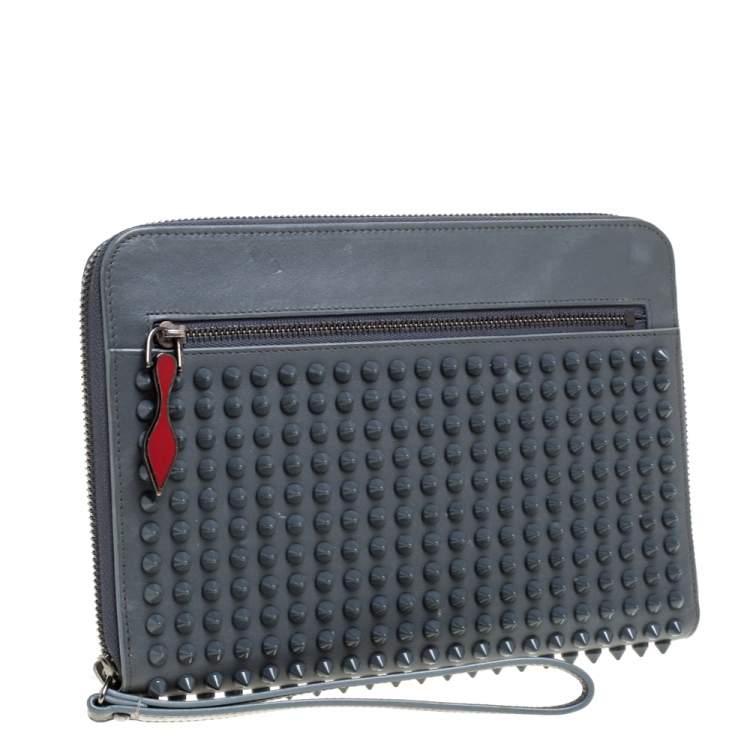 Pre Owned Christian Louboutin Grey Leather Spike Zip Wristlet Clutch