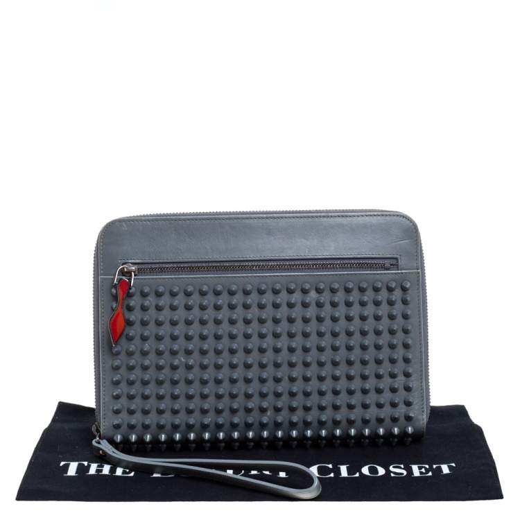 Pre Owned Christian Louboutin Grey Leather Spike Zip Wristlet Clutch