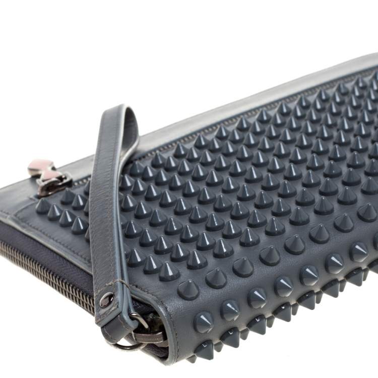 Pre Owned Christian Louboutin Grey Leather Spike Zip Wristlet Clutch