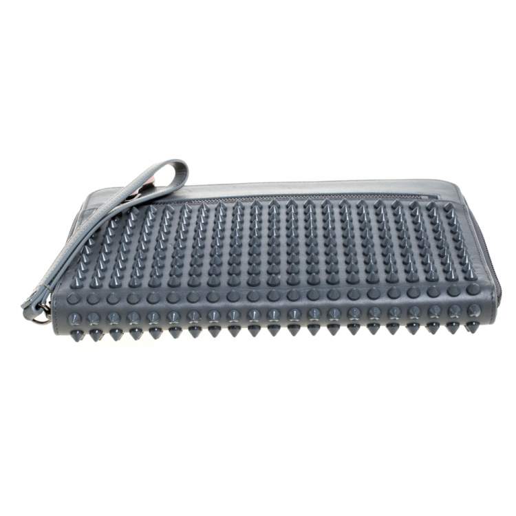 Pre Owned Christian Louboutin Grey Leather Spike Zip Wristlet Clutch