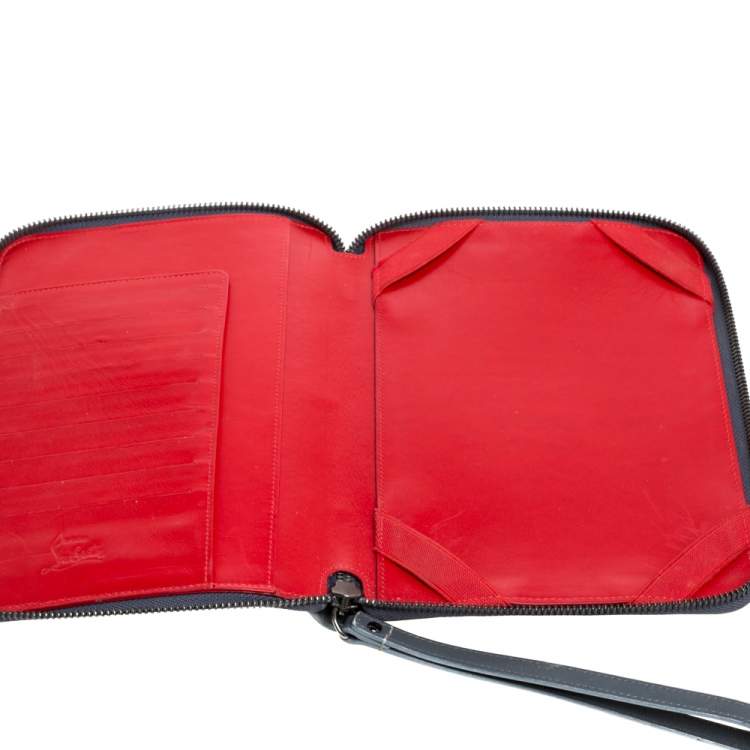 Pre Owned Christian Louboutin Grey Leather Spike Zip Wristlet Clutch