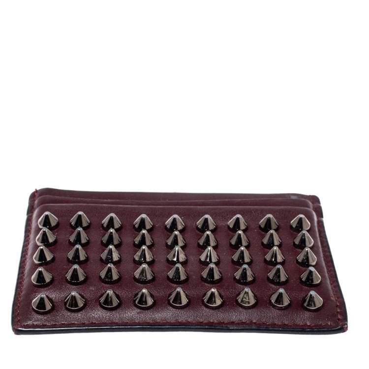 Pre Owned Christian Louboutin Maroon Leather Kios Rockstud Card Holder