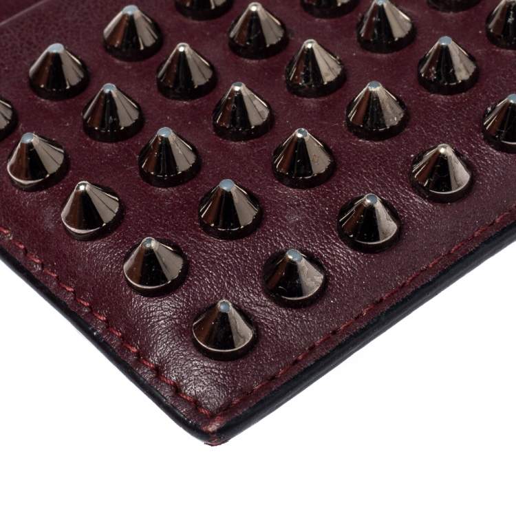 Pre Owned Christian Louboutin Maroon Leather Kios Rockstud Card Holder