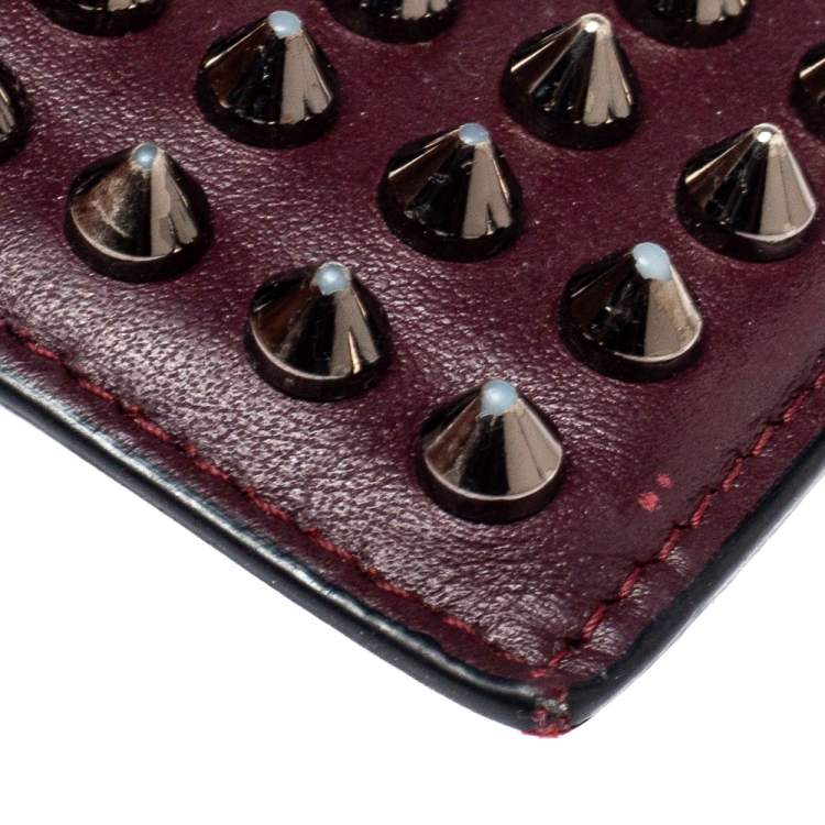 Pre Owned Christian Louboutin Maroon Leather Kios Rockstud Card Holder