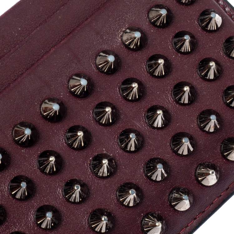 Pre Owned Christian Louboutin Maroon Leather Kios Rockstud Card Holder