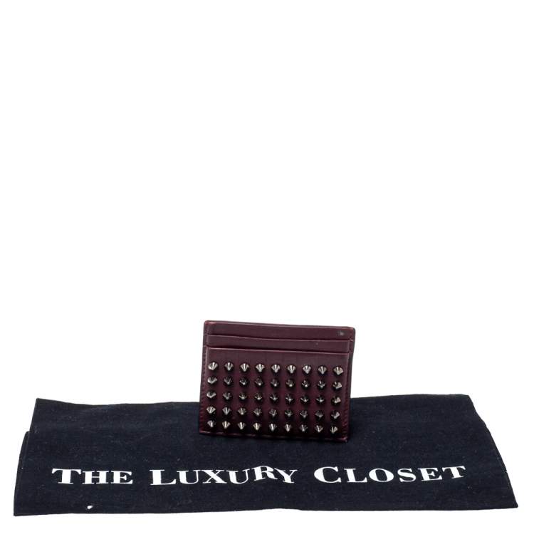 Pre Owned Christian Louboutin Maroon Leather Kios Rockstud Card Holder