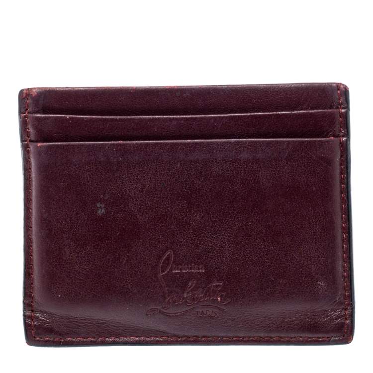 Pre Owned Christian Louboutin Maroon Leather Kios Rockstud Card Holder