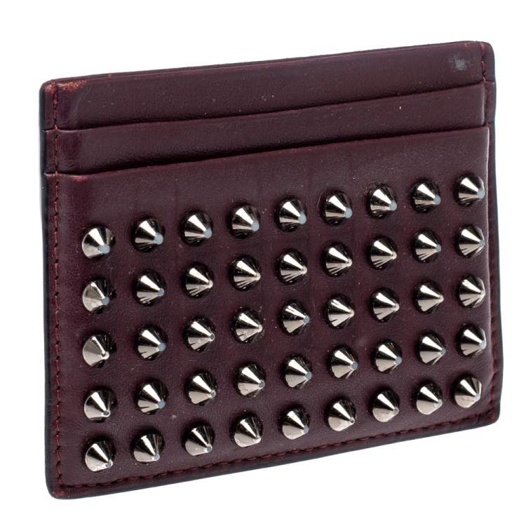 Pre Owned Christian Louboutin Maroon Leather Kios Rockstud Card Holder