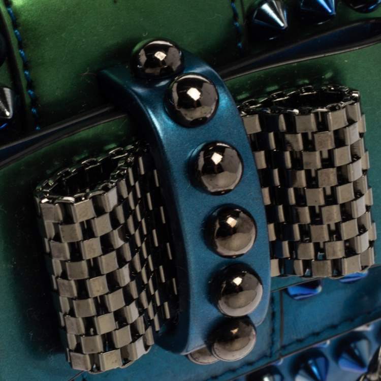 Pre Owned Christian Louboutin Metallic Blue/Green Patent Leather Mini Spiked Sweet Charity Crossbody Bag