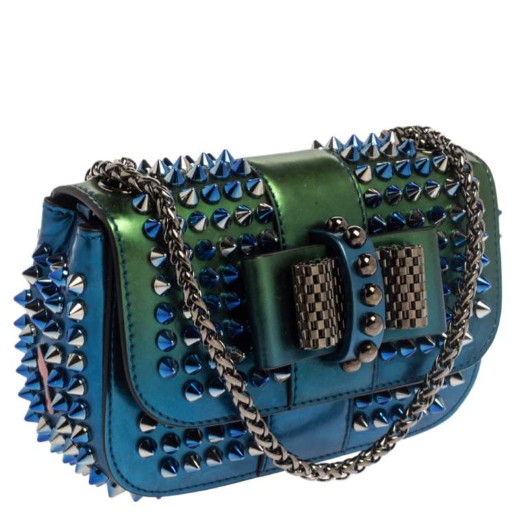 Pre Owned Christian Louboutin Metallic Blue/Green Patent Leather Mini Spiked Sweet Charity Crossbody Bag