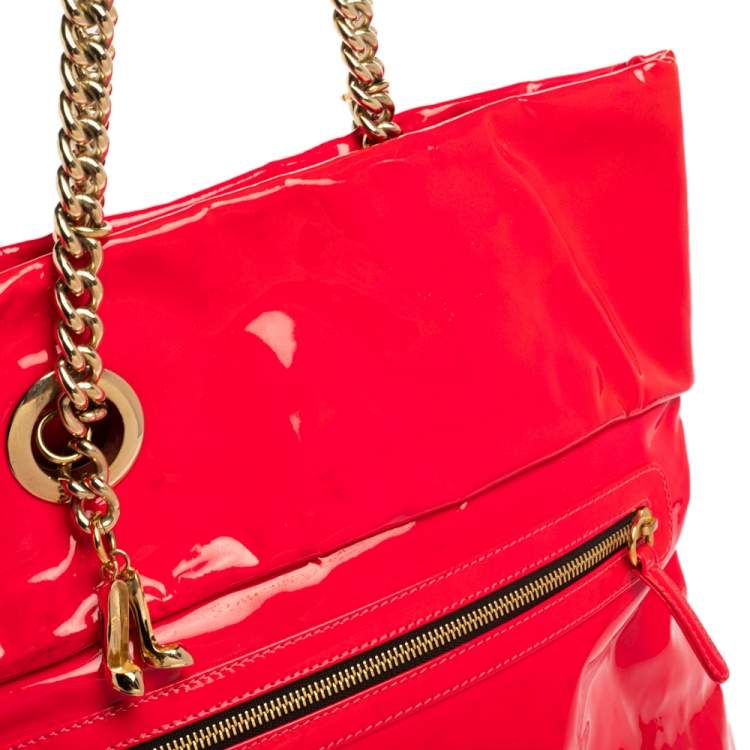 Pre Owned Christian Louboutin Neon Pink Patent Leather Chain Tote 