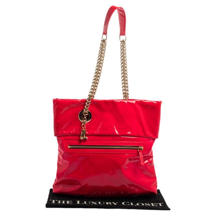 Pre Owned Christian Louboutin Neon Pink Patent Leather Chain Tote 