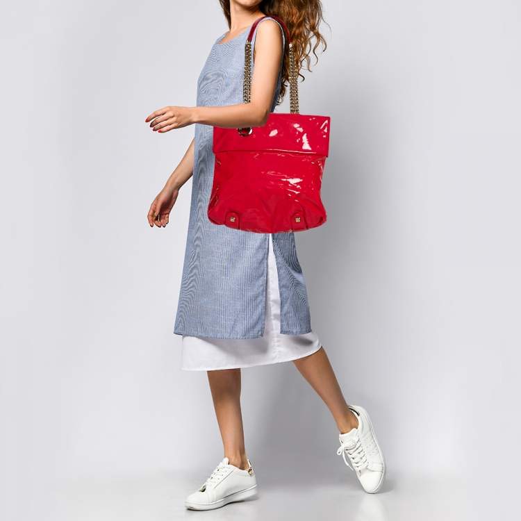 Pre Owned Christian Louboutin Neon Pink Patent Leather Chain Tote 