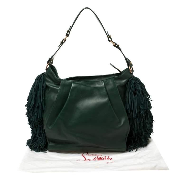 Pre Owned Christian Louboutin Green Leather and Suede Justine Fringed Hobo