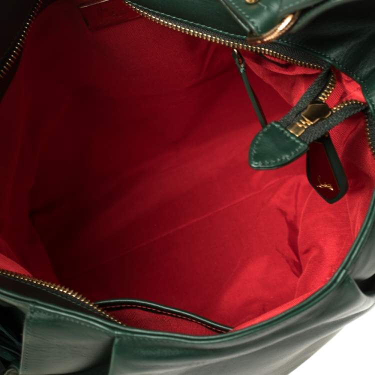 Pre Owned Christian Louboutin Green Leather and Suede Justine Fringed Hobo