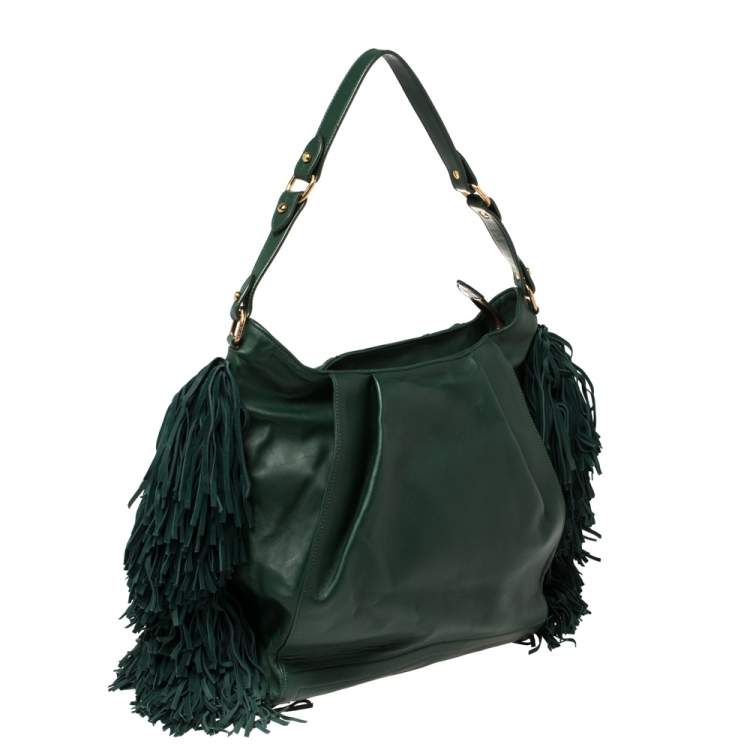 Pre Owned Christian Louboutin Green Leather and Suede Justine Fringed Hobo