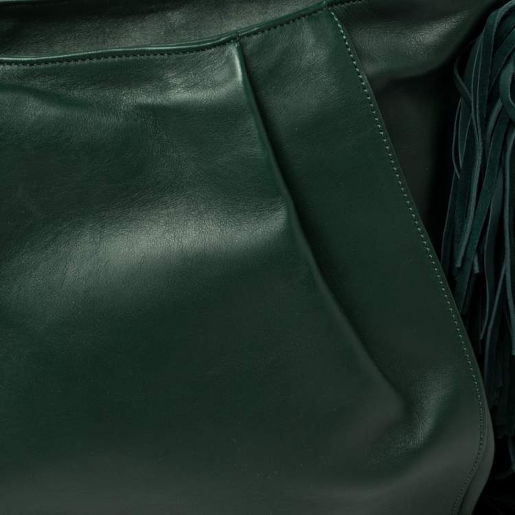 Pre Owned Christian Louboutin Green Leather and Suede Justine Fringed Hobo