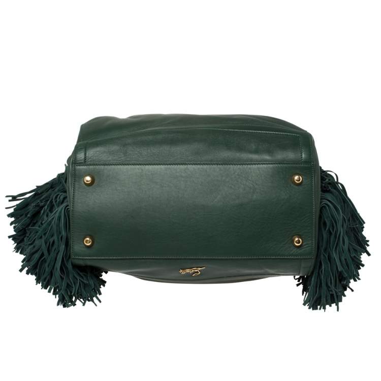 Pre Owned Christian Louboutin Green Leather and Suede Justine Fringed Hobo