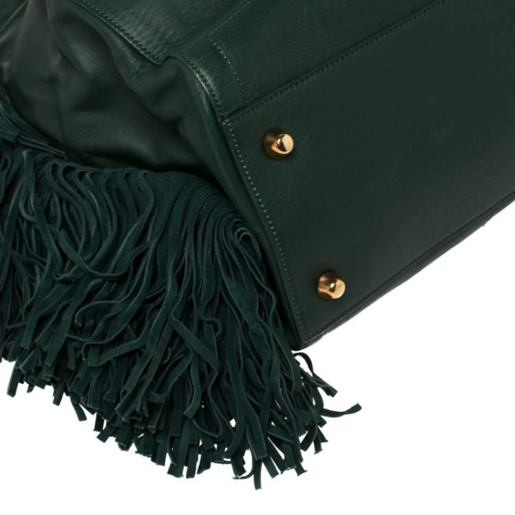 Pre Owned Christian Louboutin Green Leather and Suede Justine Fringed Hobo