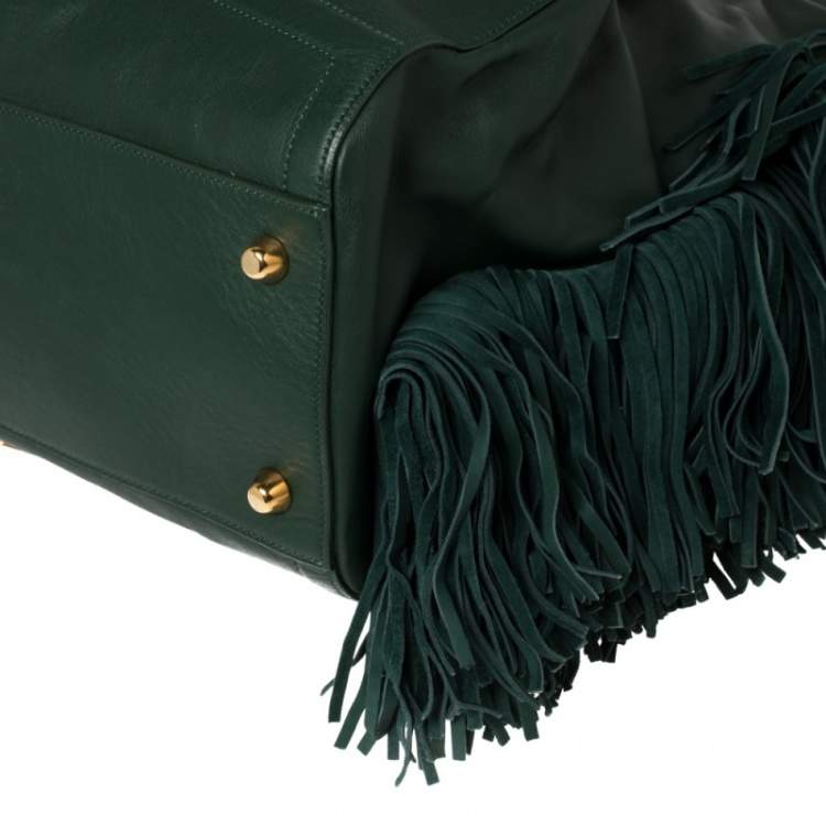 Pre Owned Christian Louboutin Green Leather and Suede Justine Fringed Hobo