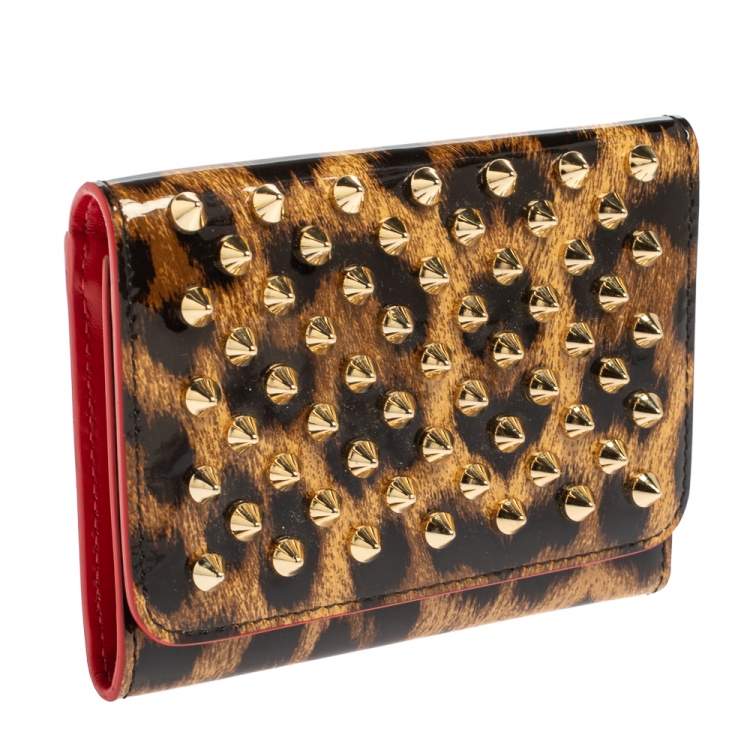 Pre Owned Christian Louboutin Brown Leopard Print Patent Leather Macaron Trifold Wallet