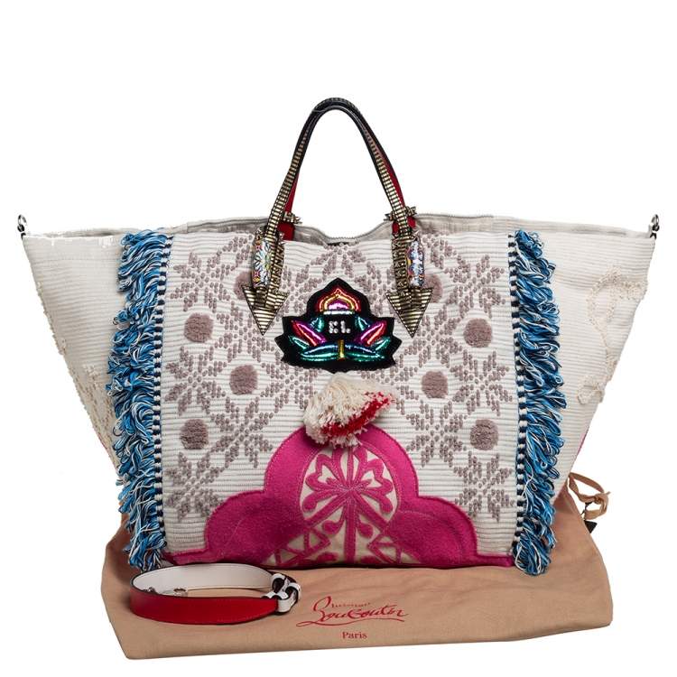 مملوكة مسبقًا Christian Louboutin Cream Fabric Portugaba Fringe Tote