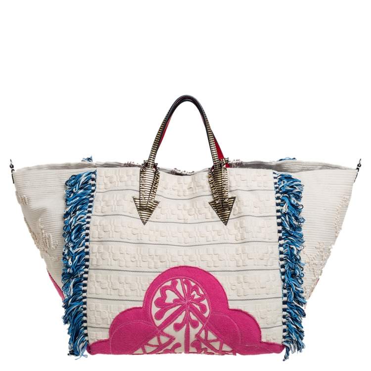 مملوكة مسبقًا Christian Louboutin Cream Fabric Portugaba Fringe Tote